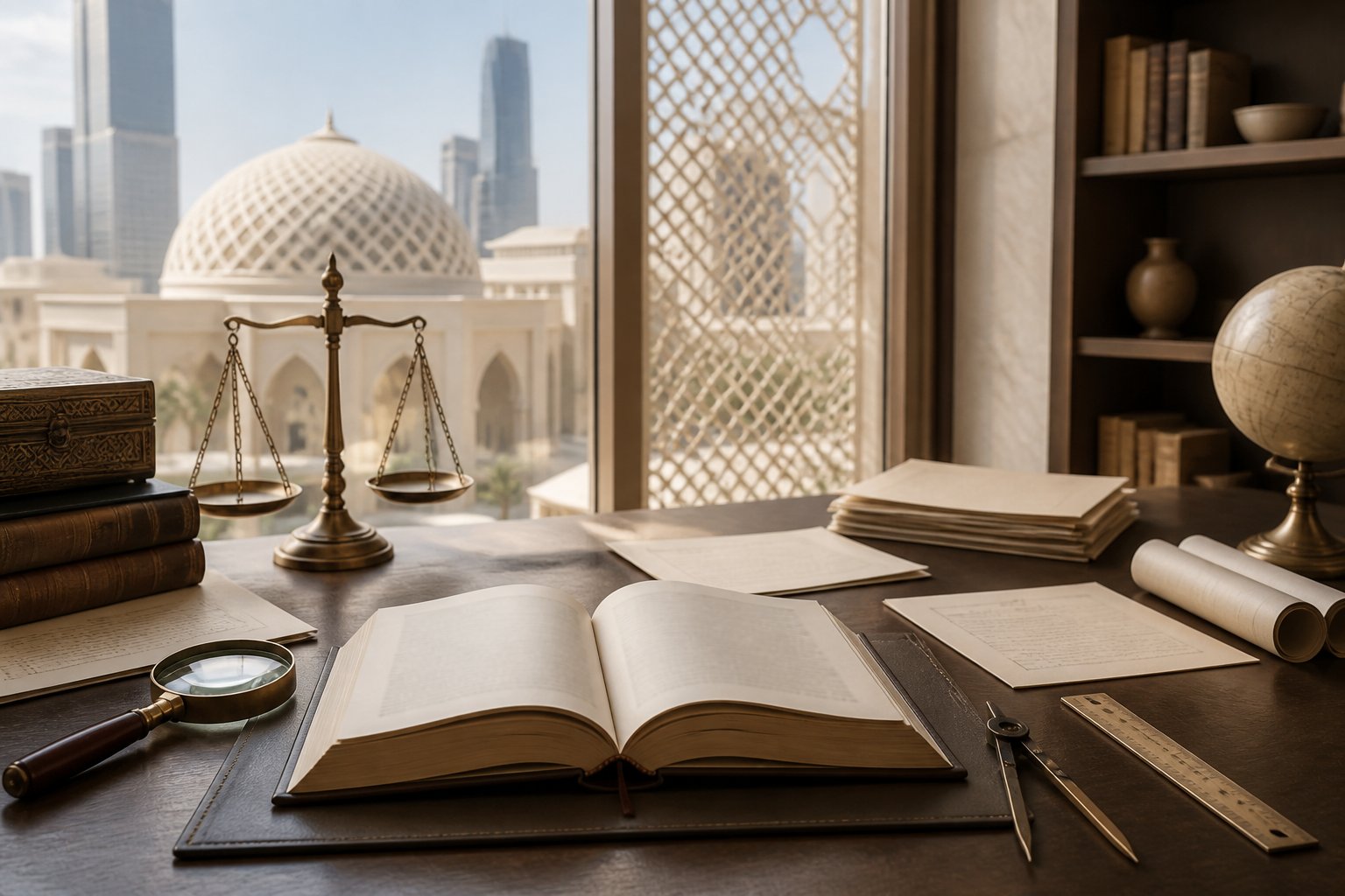 A research desk with archival materials, balanced scales, and geometric architectural elements in a UAE-inspired setting.