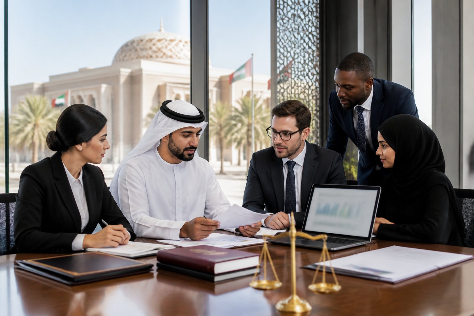 Professionals meet outside a modern civic building in the United Arab Emirates with legal documents and a balance scale.