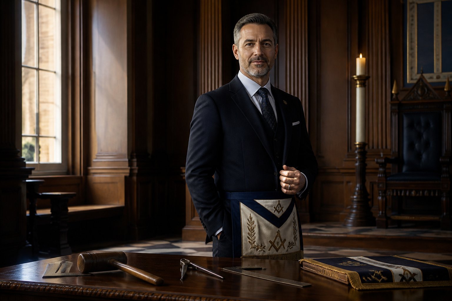 A confident man in a dark suit stands in a historic lodge beside a table with traditional masonry tools.
