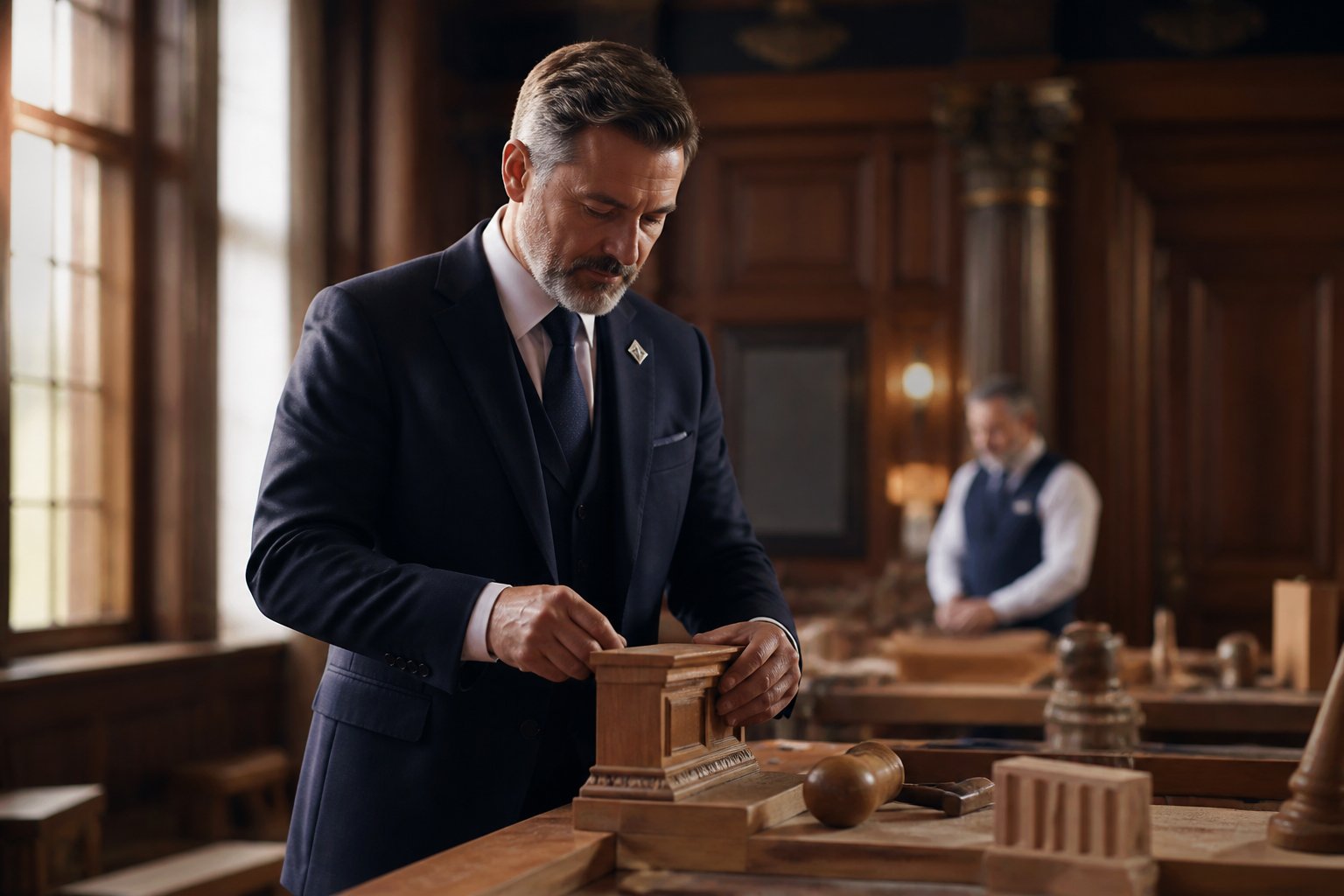 A Freemason works carefully on a wooden architectural piece in a historic lodge workshop.