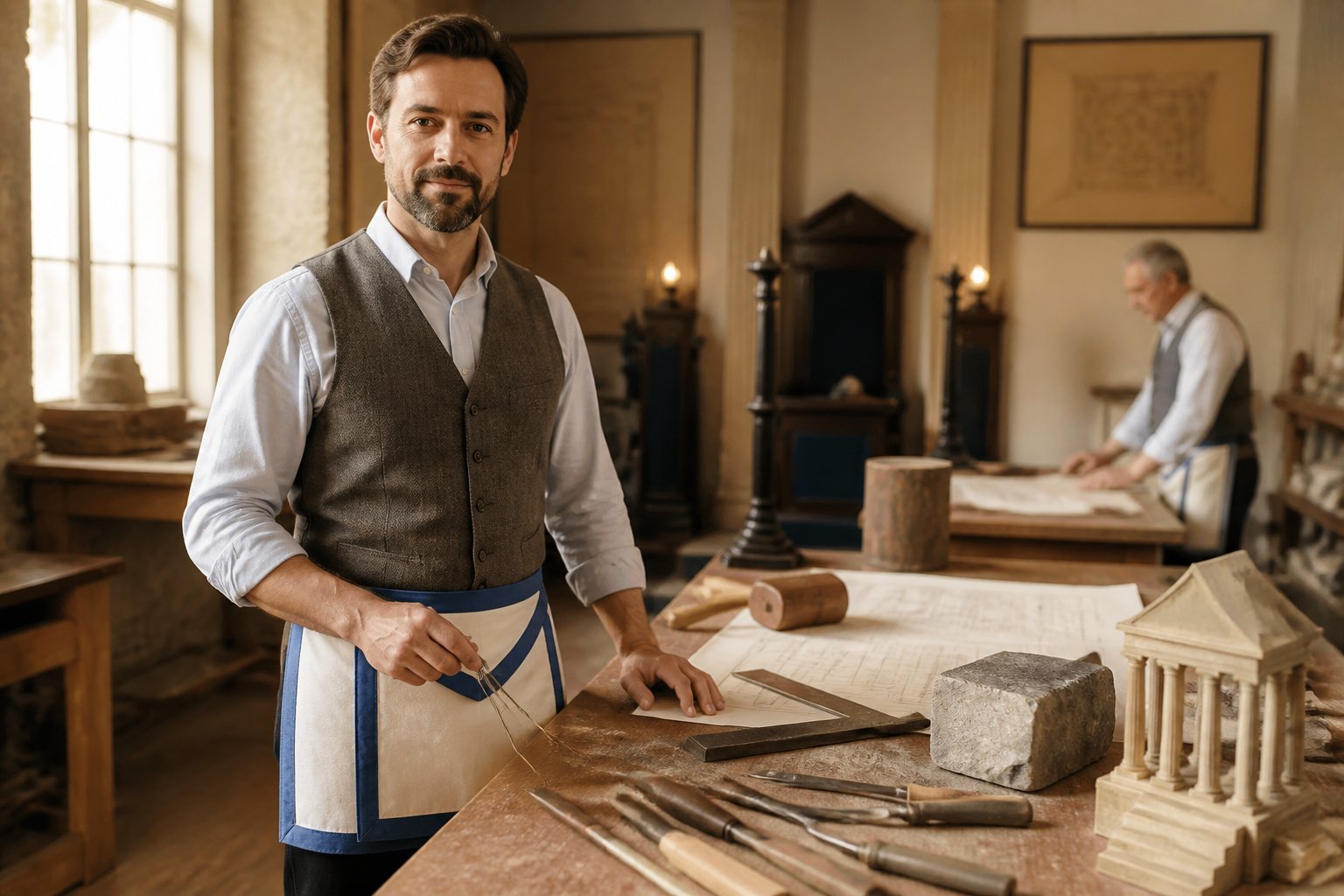 A skilled man stands beside a workbench with masonry tools and architectural materials in a warmly lit lodge.