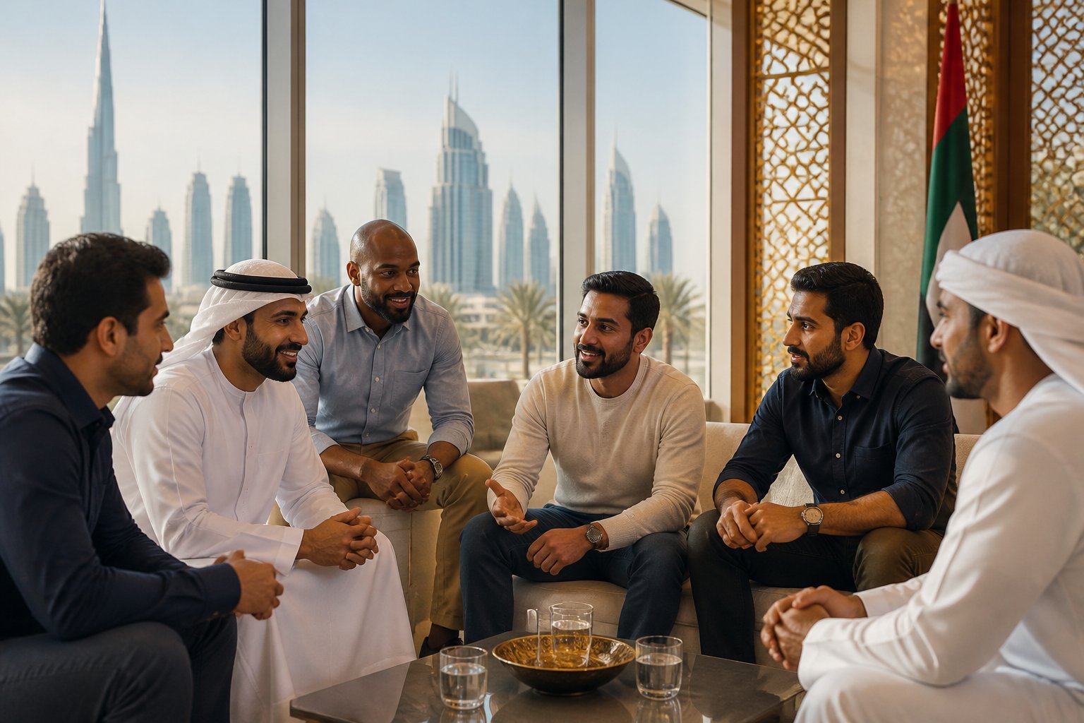 A diverse group of men in a modern UAE meeting space sharing ideas and supporting one another.