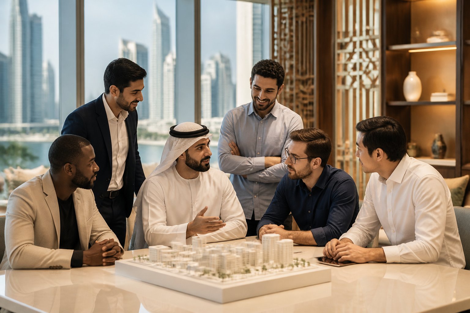 A diverse group of men meeting and supporting one another in a contemporary UAE office with a cityscape visible through the windows.