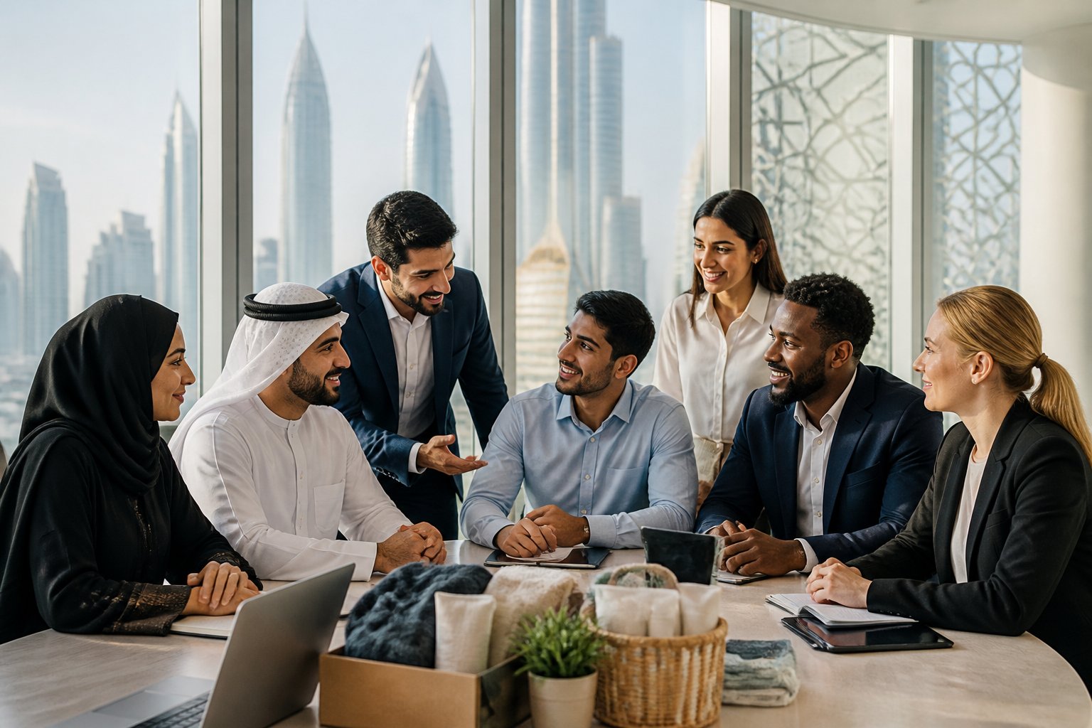 A diverse group of professionals meeting and supporting one another in a modern UAE office.