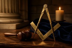 A brass compass and square arranged on a dark wooden table beside a ceremonial gavel and candle.