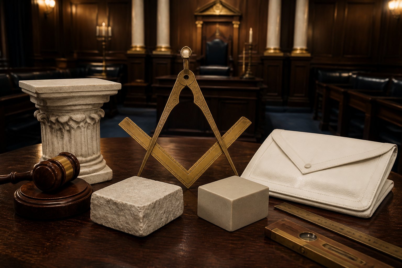 Masonic tools and ceremonial objects arranged on a polished wooden table in a warmly lit lodge-inspired room.