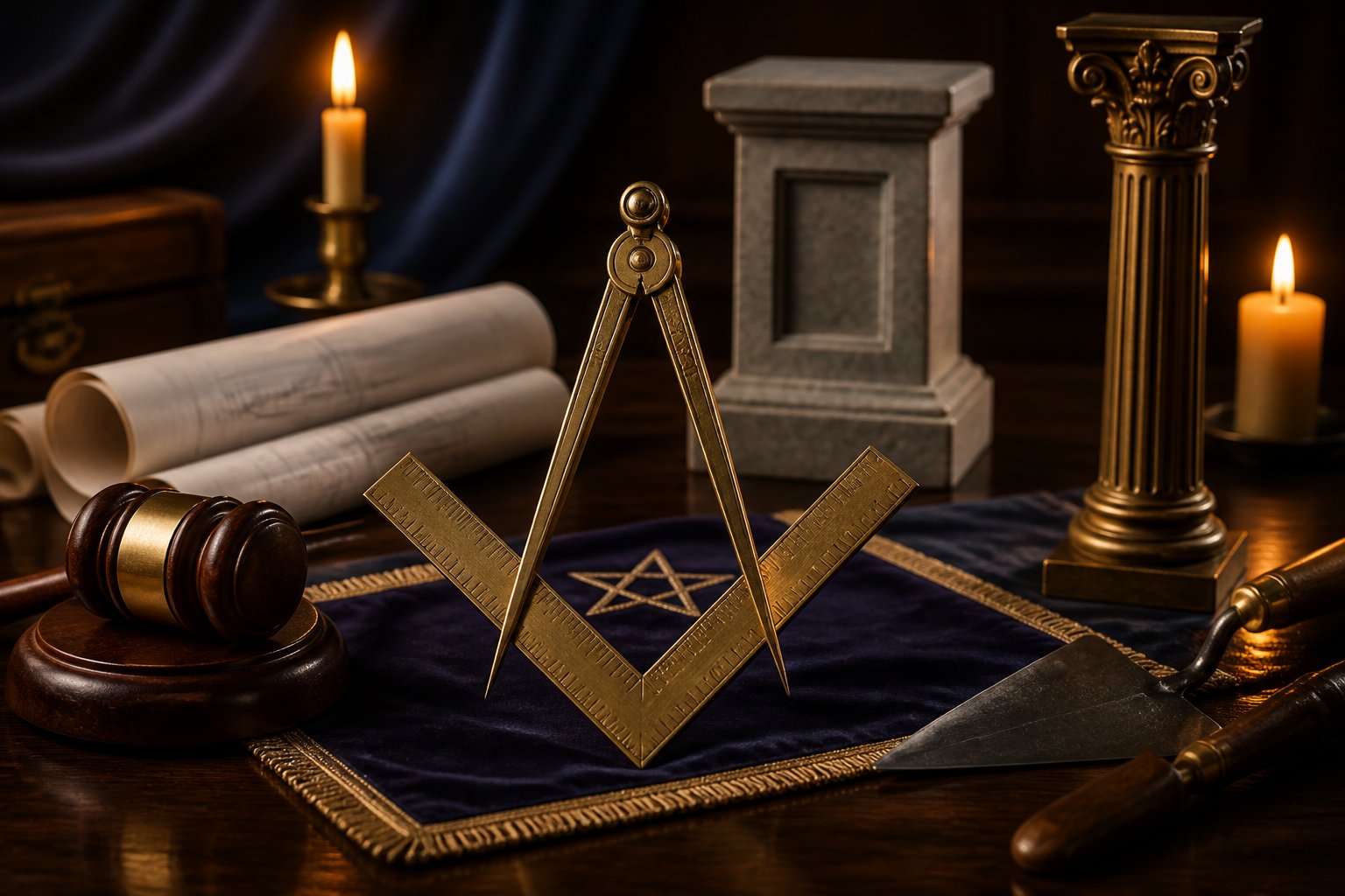 A brass compass and carpenter’s square arranged with traditional ceremonial objects on a polished wooden table.