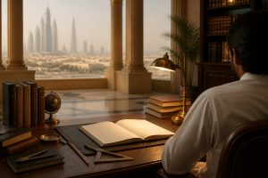 A refined study desk with historical books, a blank notebook, and a compass and square, with modern UAE architecture softly visible in the background.