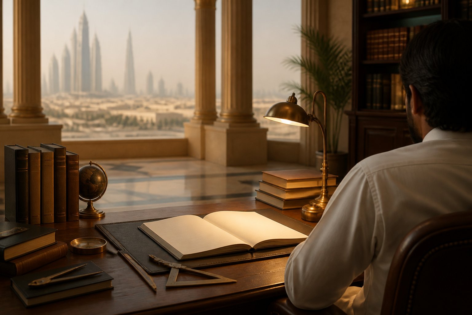 A refined study desk with historical books, a blank notebook, and a compass and square, with modern UAE architecture softly visible in the background.
