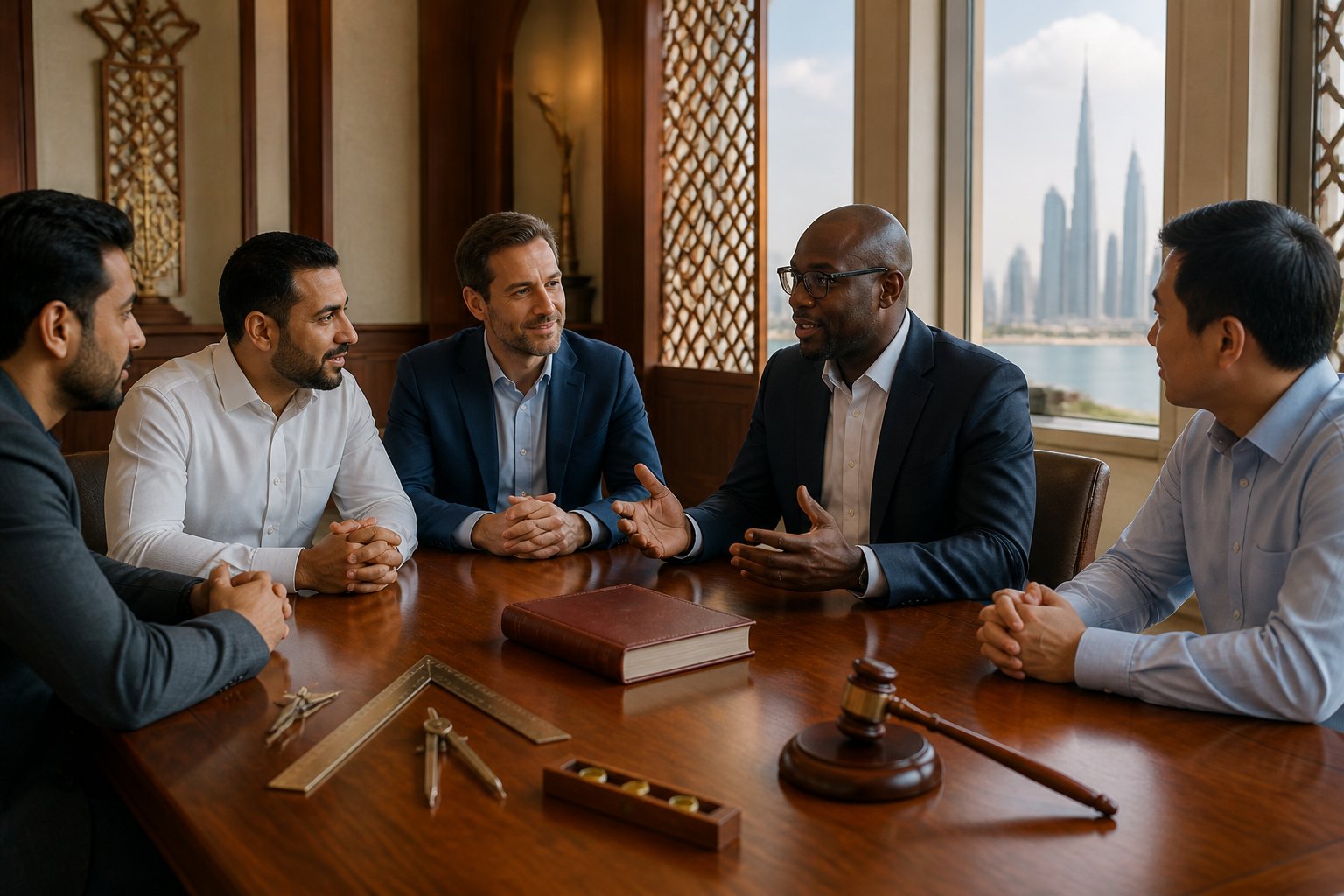 Men discuss symbolic tools and books around a table in an elegant lodge-inspired room.