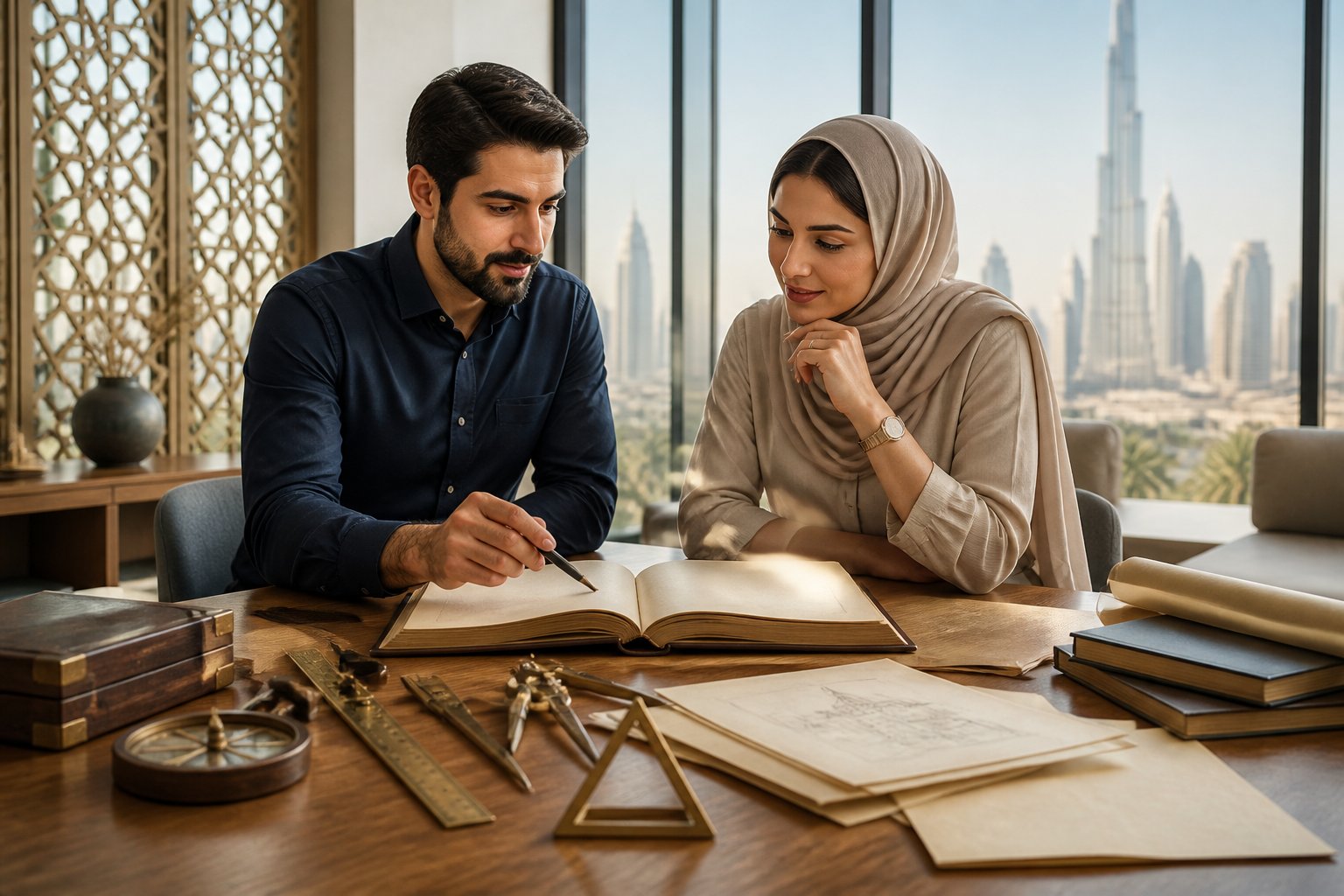Adults study historical materials and geometric tools at a table in a modern UAE setting.