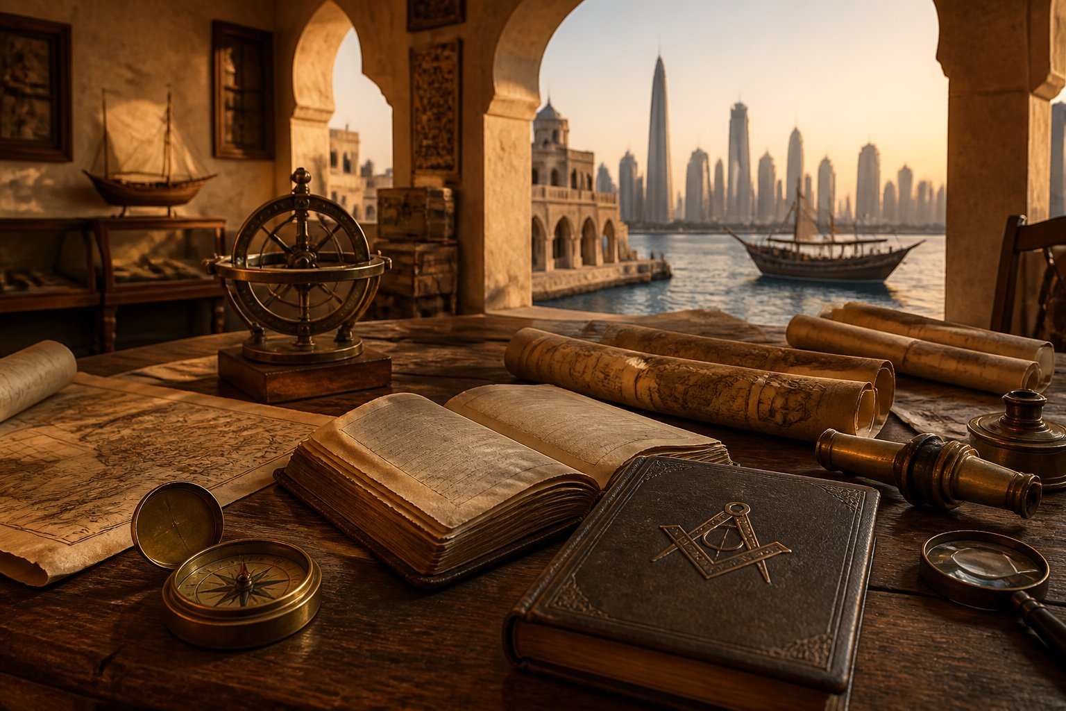 Historical documents, maps, and maritime artifacts arranged on a table with a Gulf port and modern UAE skyline in the background.