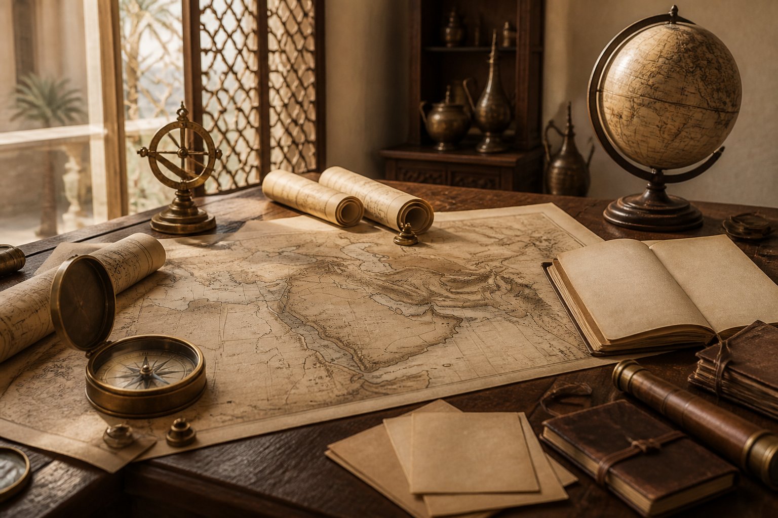An archival study table displays an old map of the Arabian Peninsula, navigation instruments, rolled charts, and historical papers.