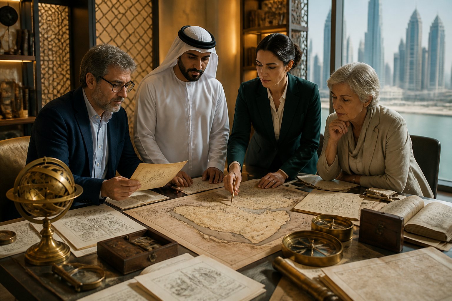 Researchers examine historical maps and maritime artifacts in a museum-like setting with a UAE city skyline in the background.