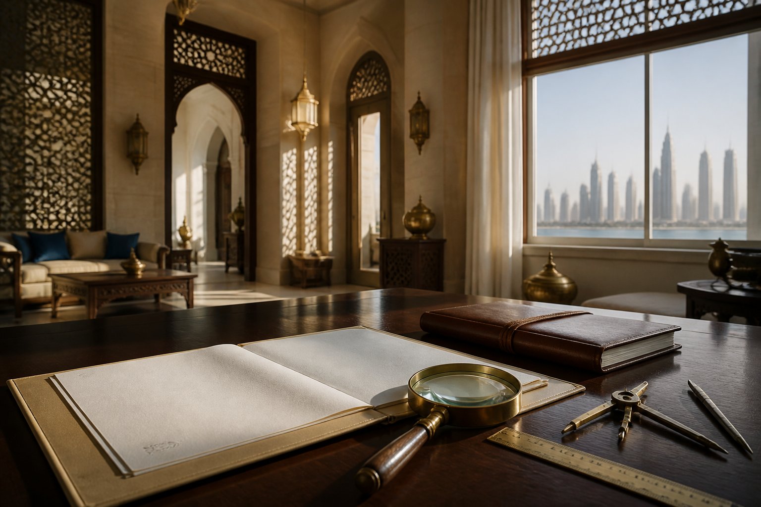 An elegant heritage-inspired meeting room in the UAE with archival materials and geometric drafting tools beside a window overlooking a modern cityscape.