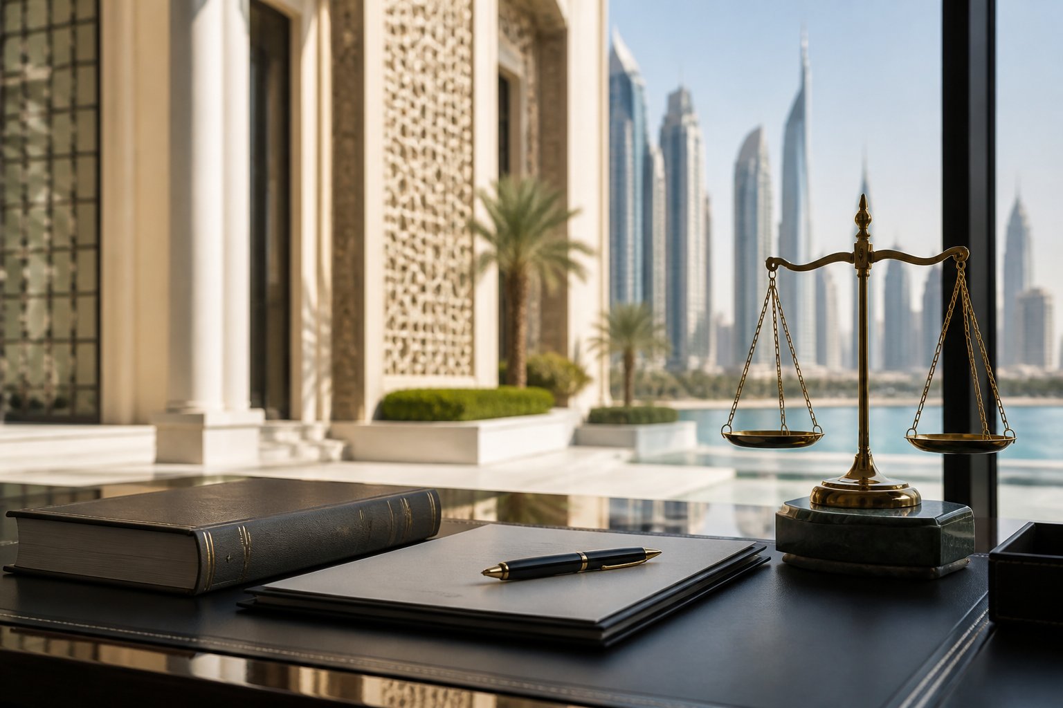 A formal legal desk with a closed law book and document folder in front of a modern UAE institutional building.