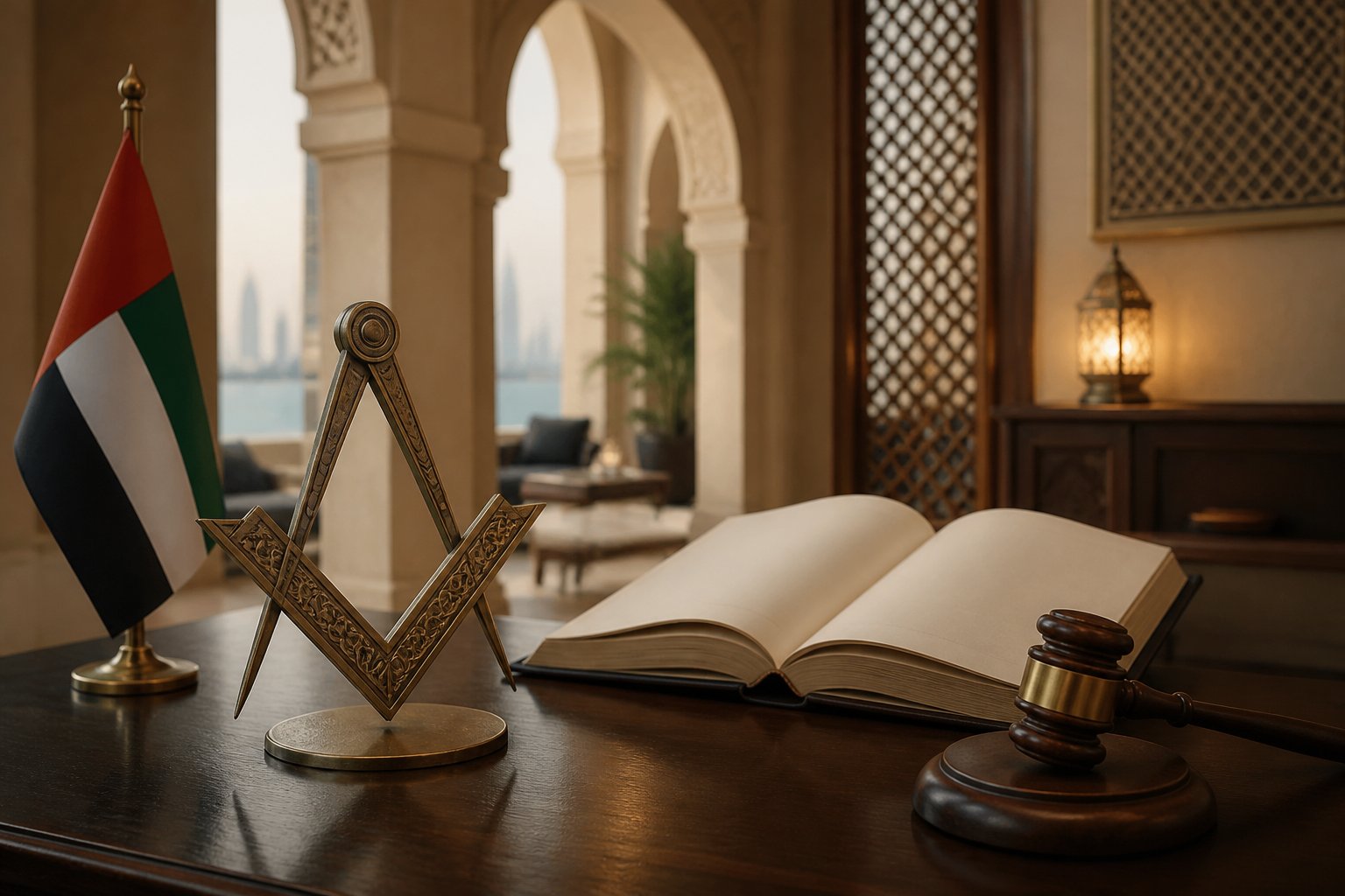 A ceremonial Masonic square and compass on a polished table in an elegant UAE-inspired interior.