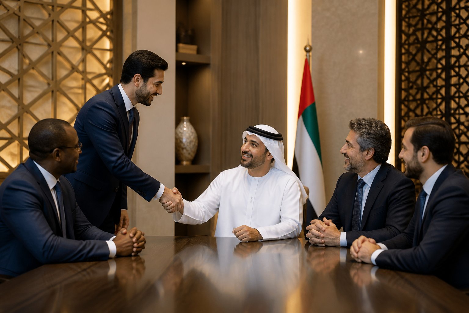 A diverse group of professionally dressed men welcomes a prospective member in an elegant UAE meeting room.