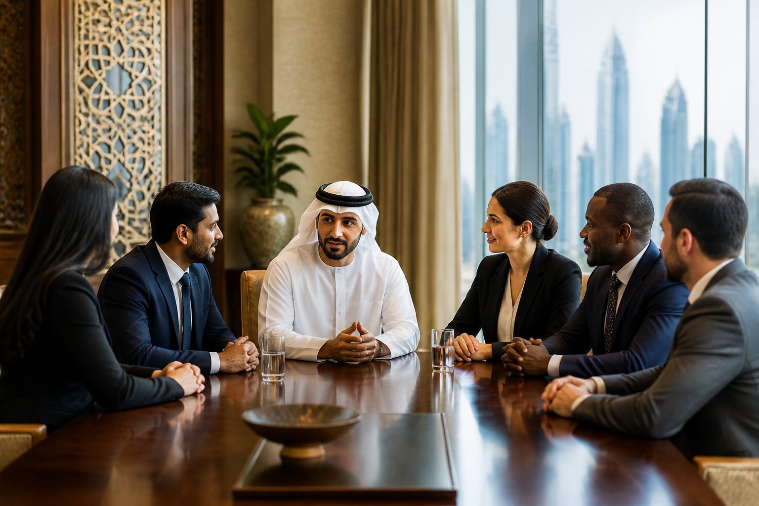 A diverse group of adults meets around a table in an elegant UAE-inspired room.