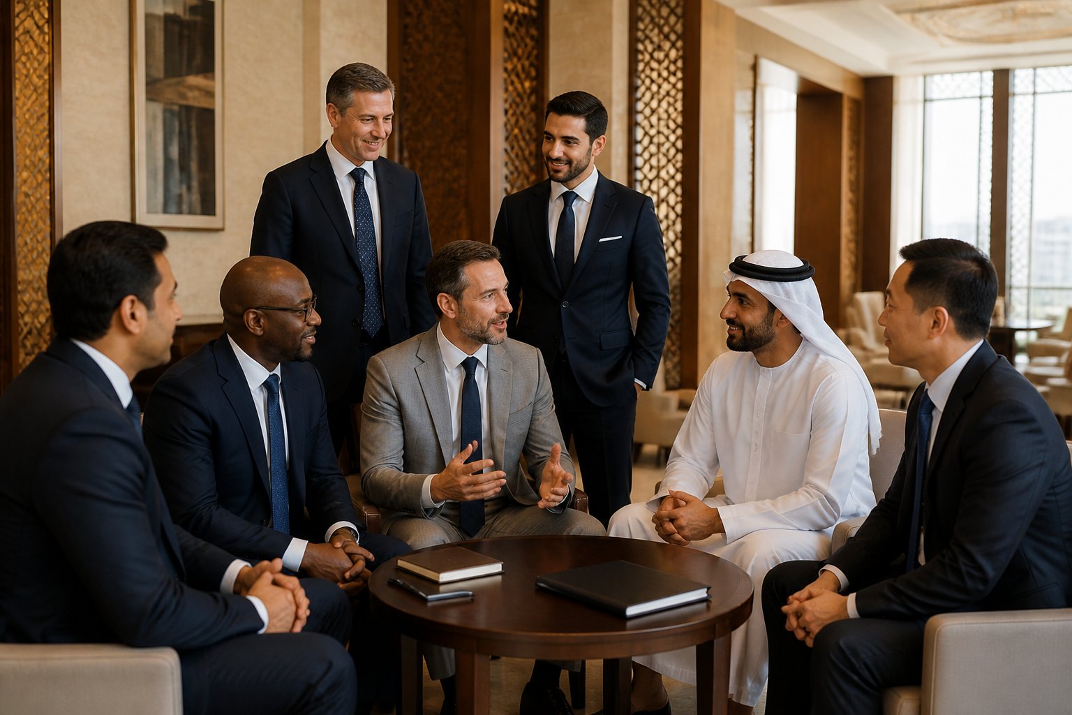 A diverse group of men discusses membership in an elegant meeting room in the UAE.