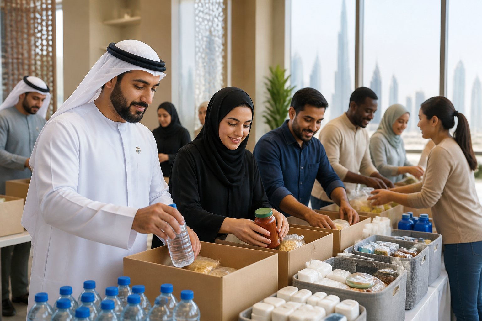 Volunteers in a UAE community center organize food parcels and essential supplies for families.