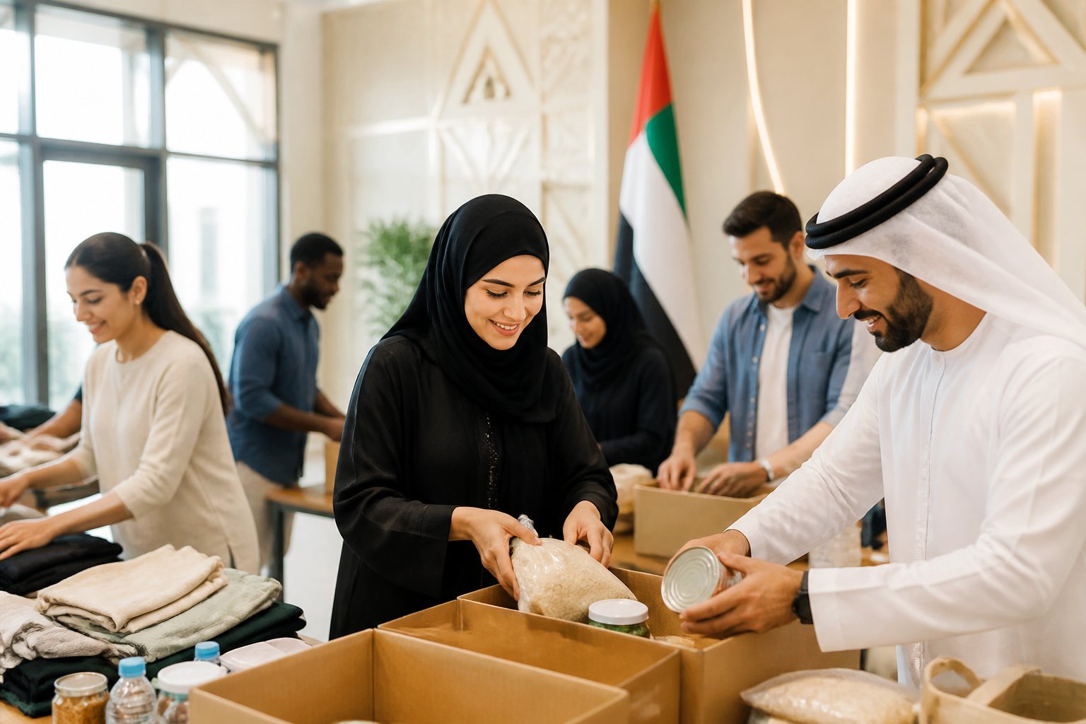 Volunteers organize donated supplies during a community charity initiative in the UAE.