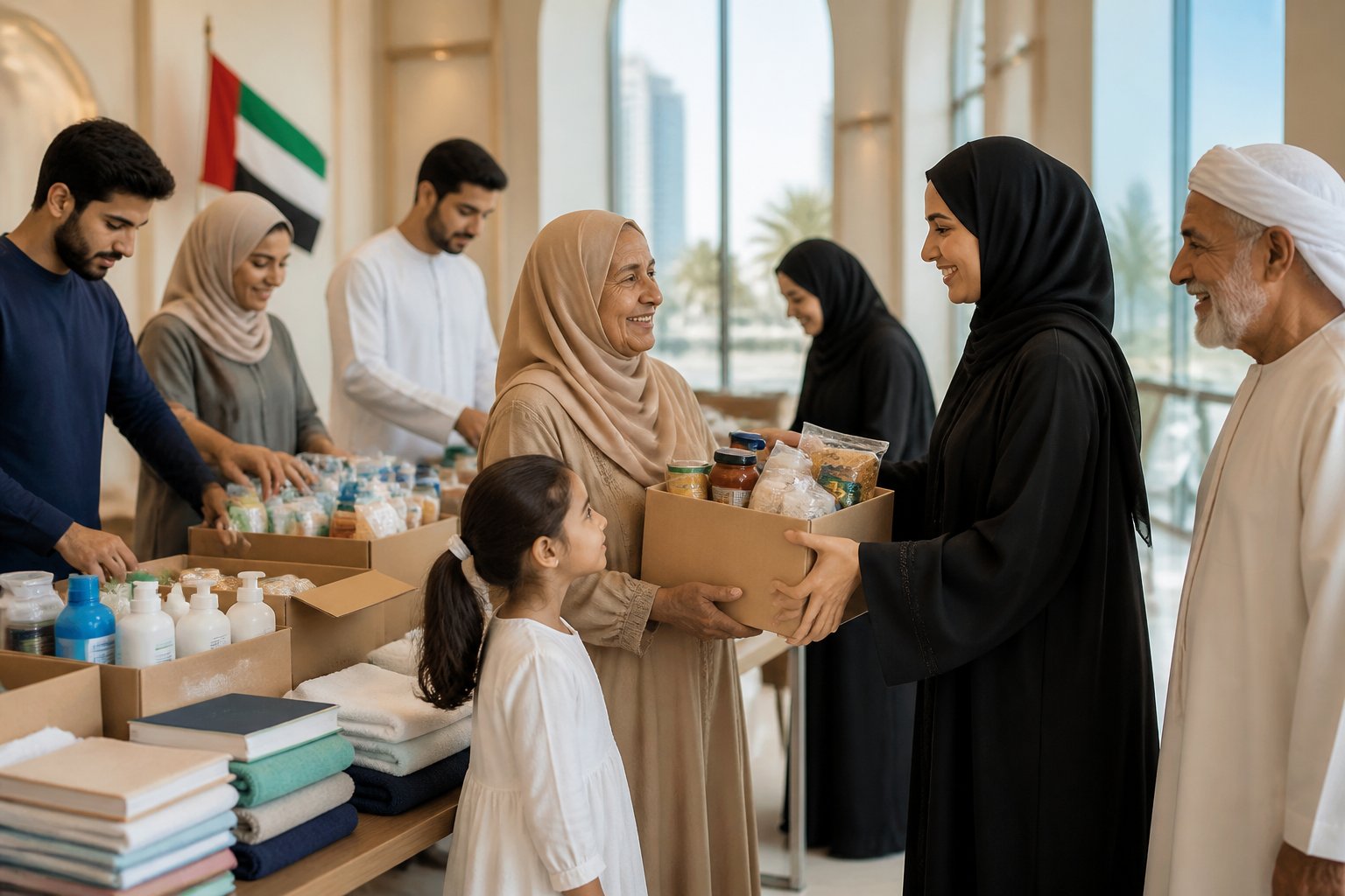 Volunteers in the UAE organize food parcels and supplies while helping community members at a charitable outreach center.