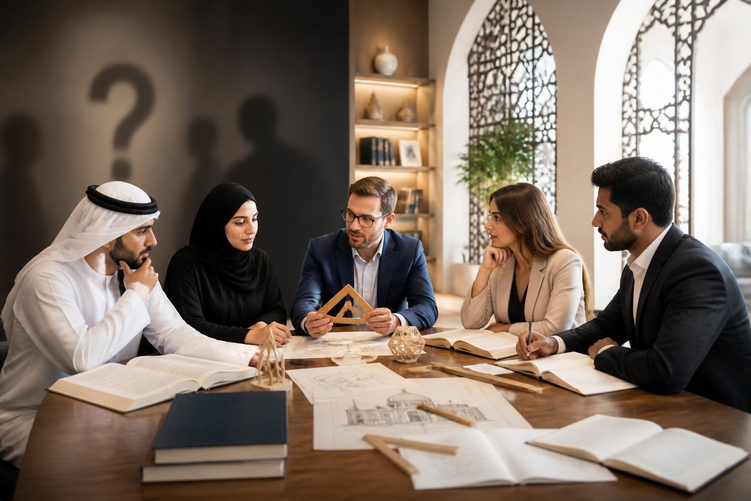 Professionals in a UAE-inspired interior discuss research materials and symbolic objects around a table.