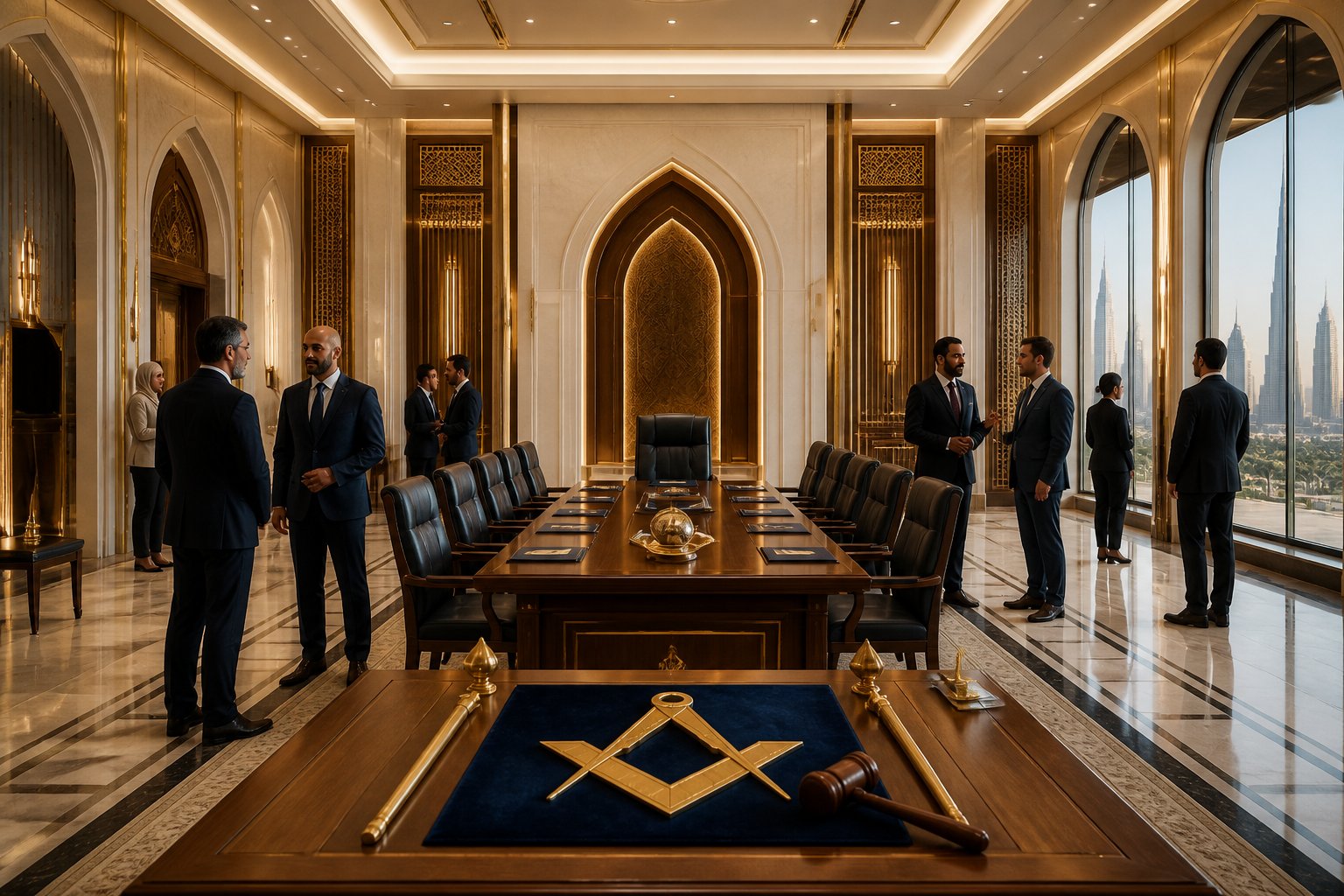 A formally arranged meeting hall in the UAE with diverse adults gathered around an organized central table and ceremonial furnishings.