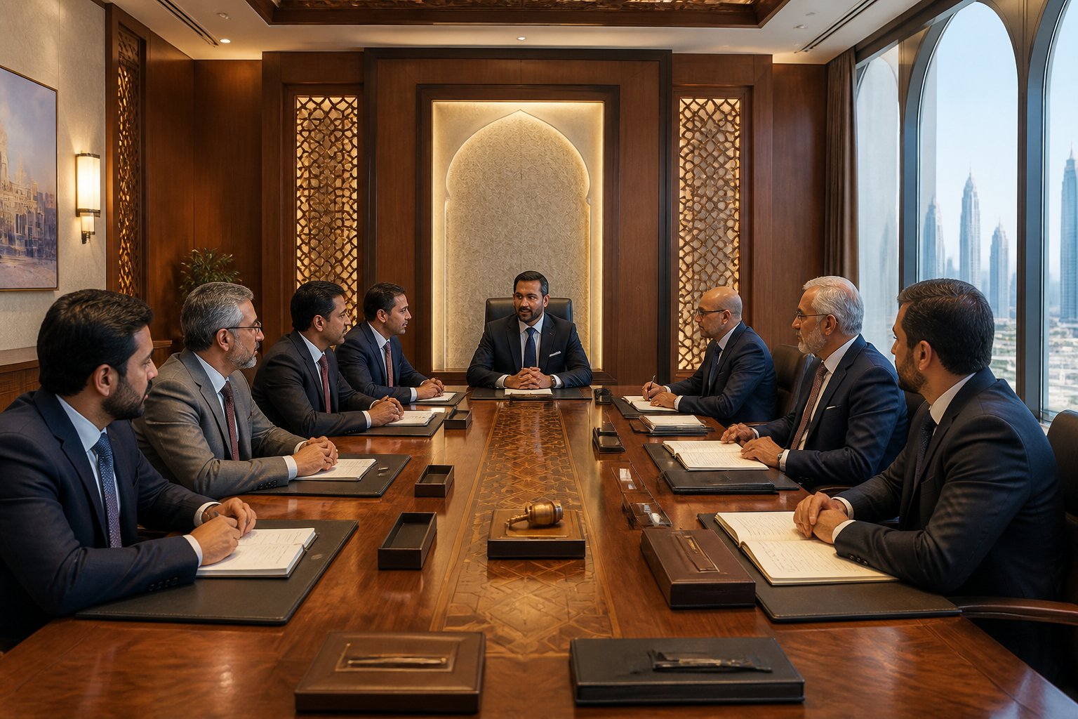 Members of a formal lodge meet around a conference table, with one person leading and others handling administrative roles.
