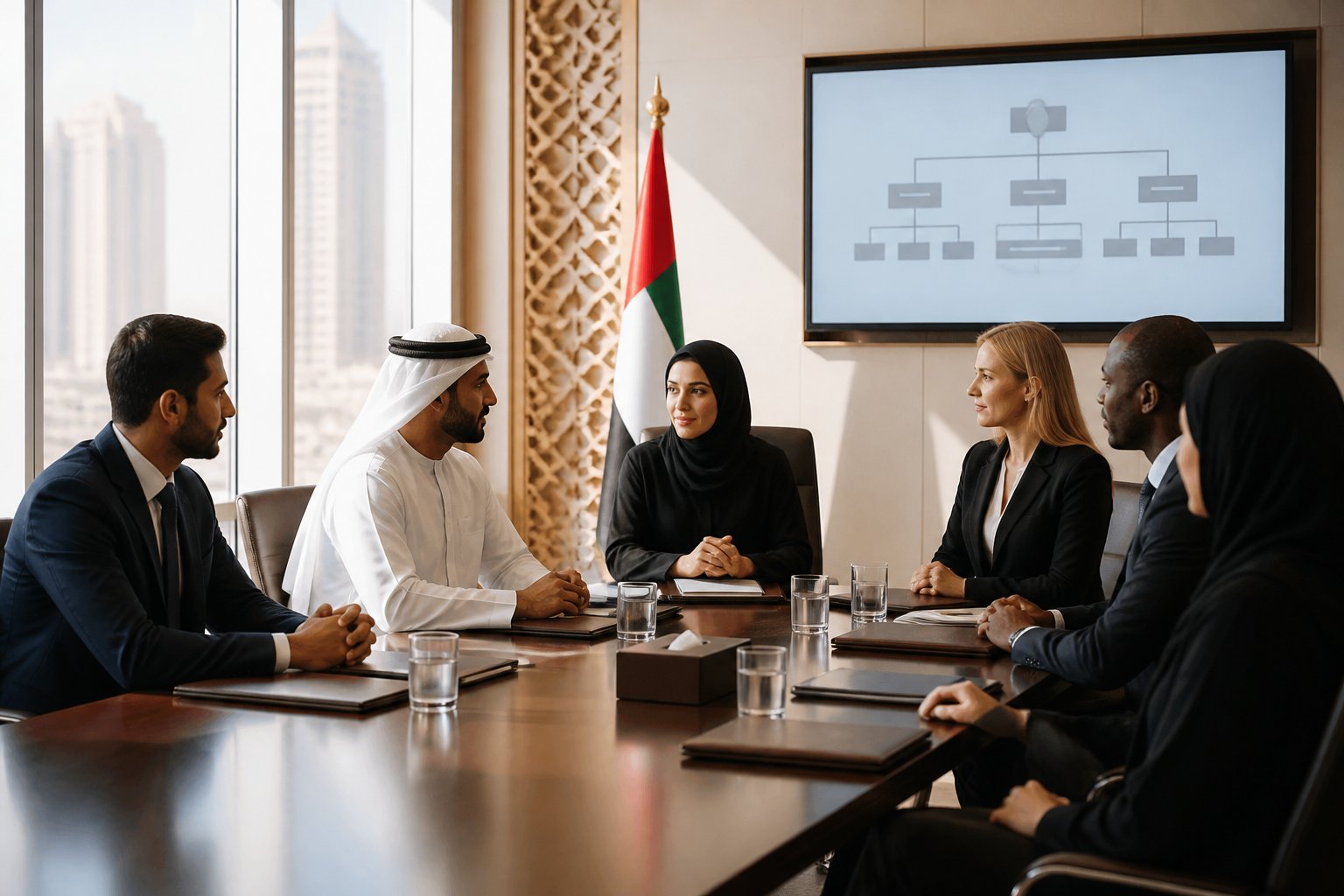 A diverse group of professionals holding a formal meeting in a modern UAE conference room.