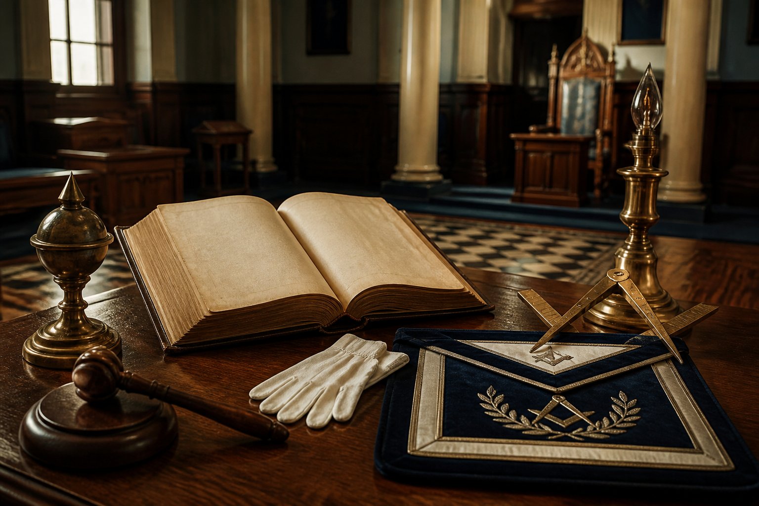 Historic Masonic ceremonial objects arranged on a wooden table inside a traditional lodge.