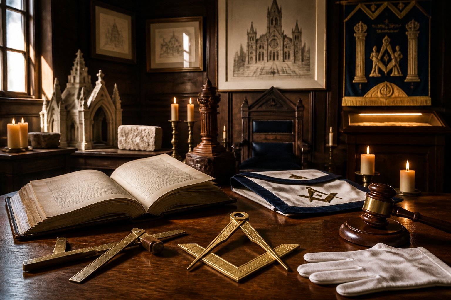 A warmly lit historic lodge table displays ceremonial Masonic objects, including an open book, square and compass, gavel, gloves, and apron.