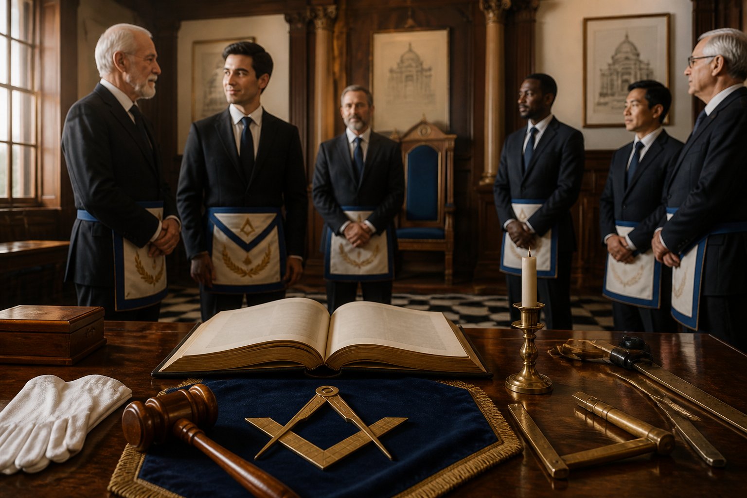 Freemasons gather in a historic lodge beside a table of ceremonial symbols and traditional objects.