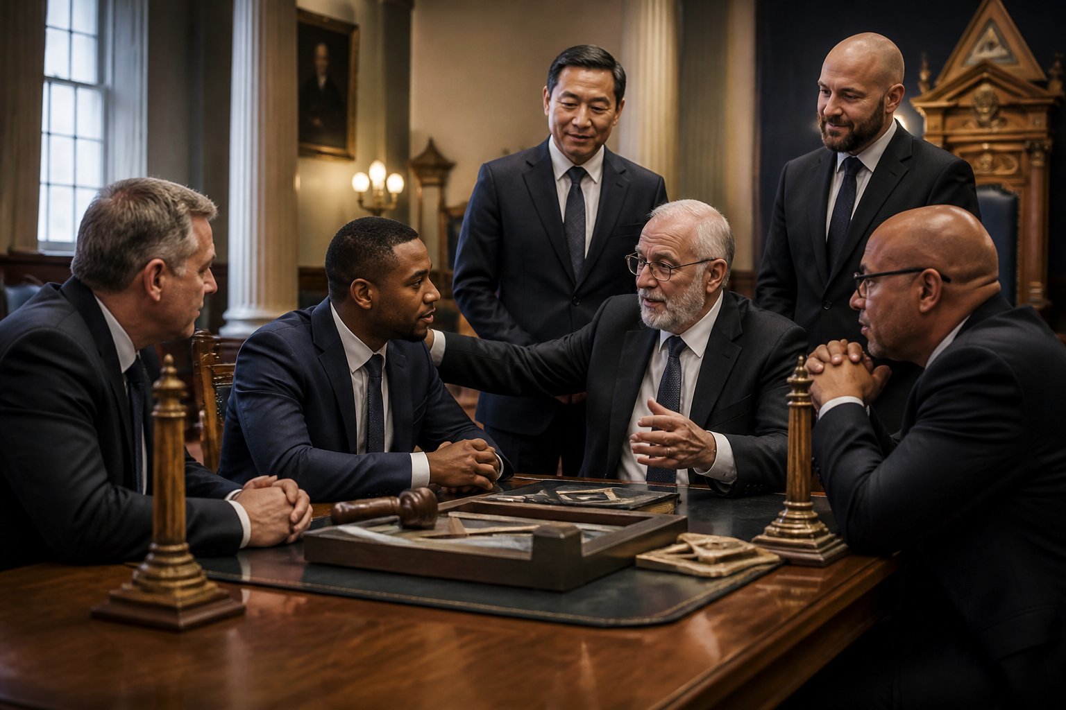 Members of a Masonic lodge gather around a wooden table as an experienced member mentors a younger participant.