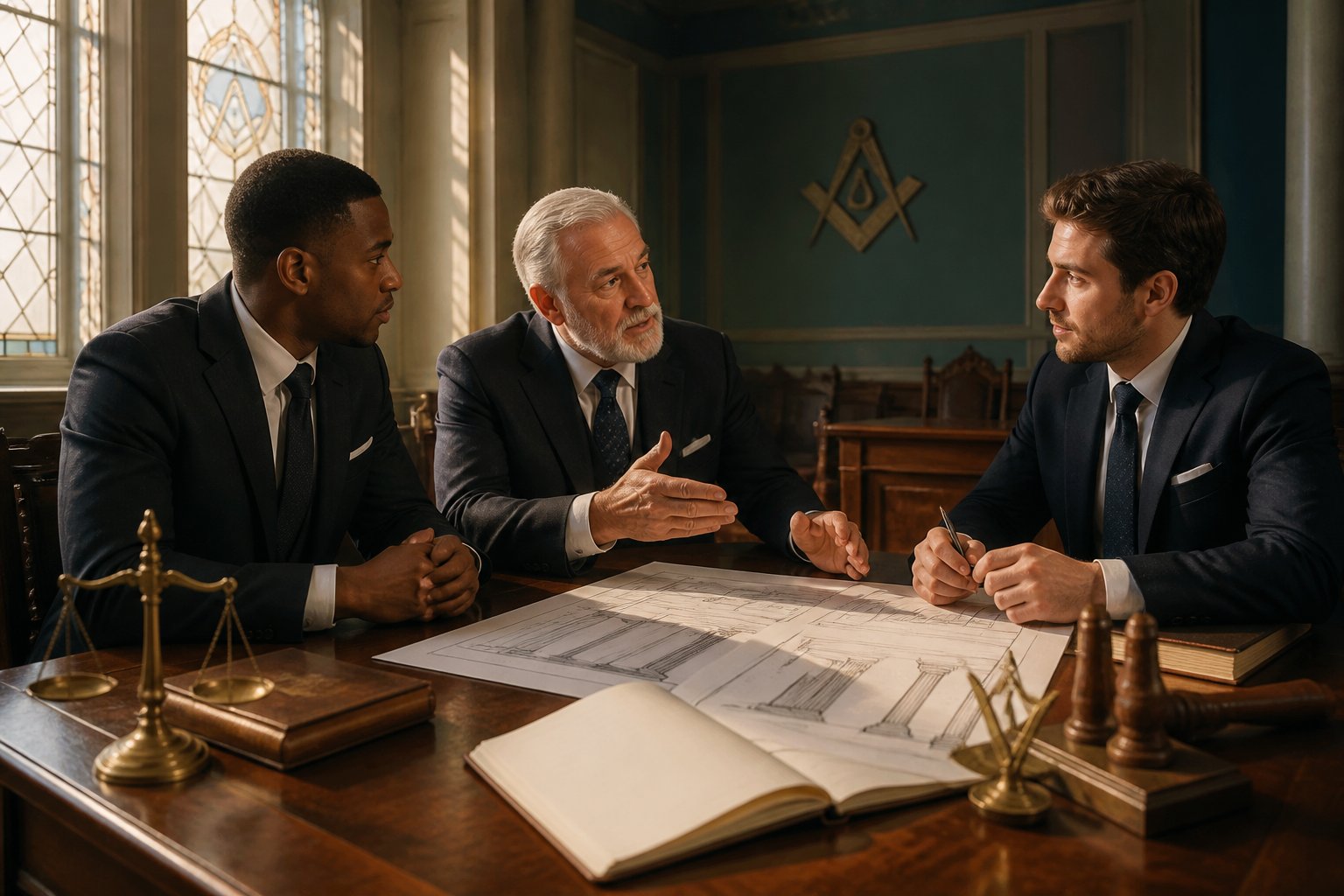 A senior Freemason mentors two younger members around a wooden table in a historic lodge.