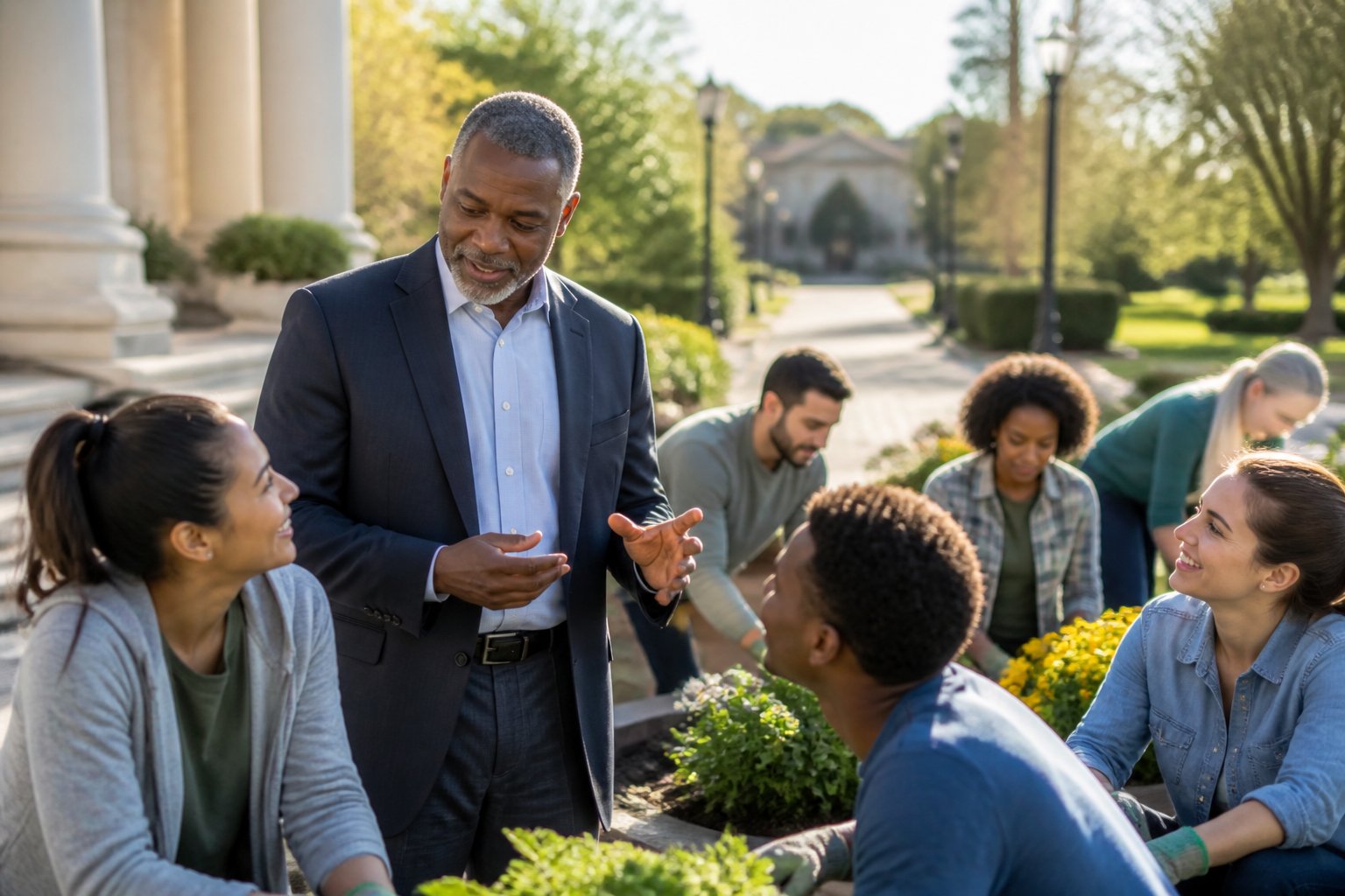 A professional mentors diverse young adults during a collaborative community service activity in a bright outdoor setting.