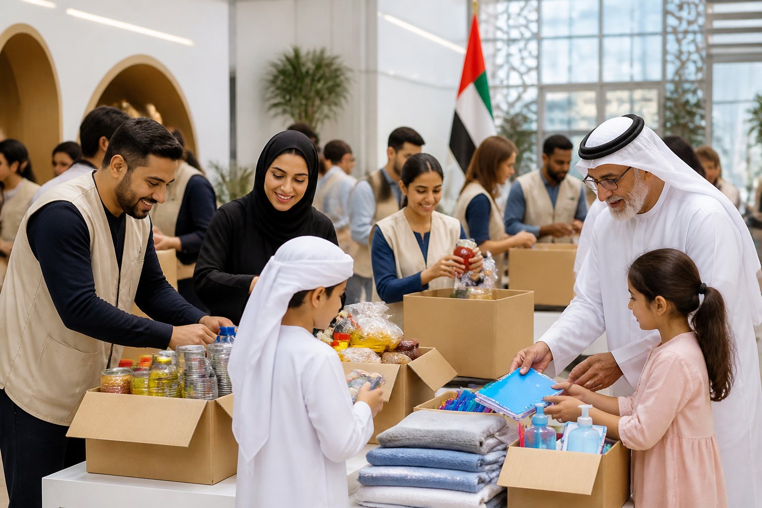 Volunteers and community members distribute donated supplies in a welcoming UAE community center.
