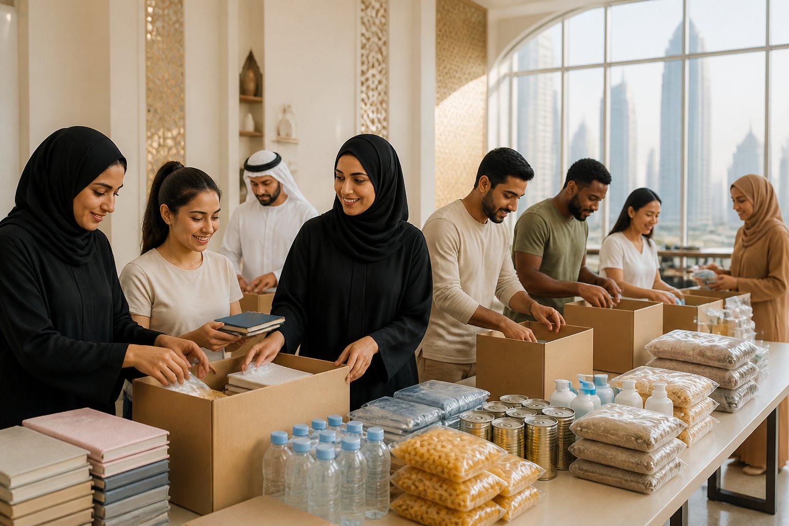 Volunteers organize donated food and essential supplies at a UAE community center.