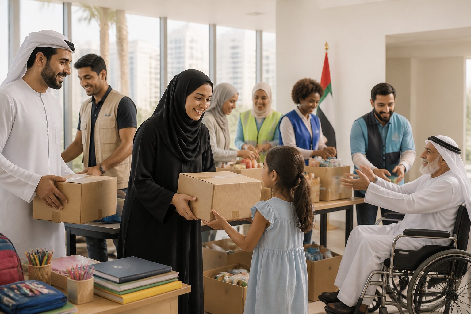 Volunteers distribute food boxes and essential supplies to community members at a UAE community center.