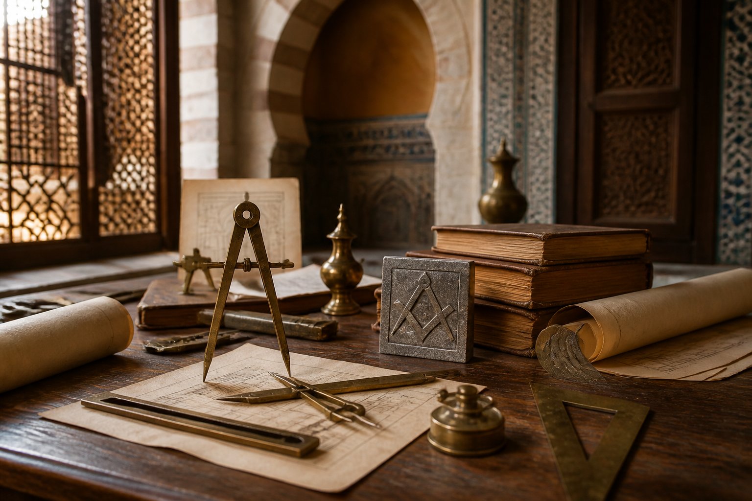 Historical objects and architectural materials arranged on a table inside a Middle Eastern heritage interior.