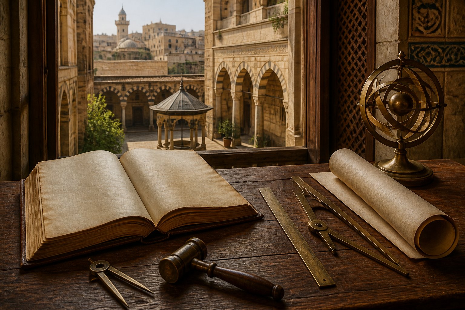 An antique manuscript, compass, drafting tools, and rolled map arranged in a historic Middle Eastern courtyard.