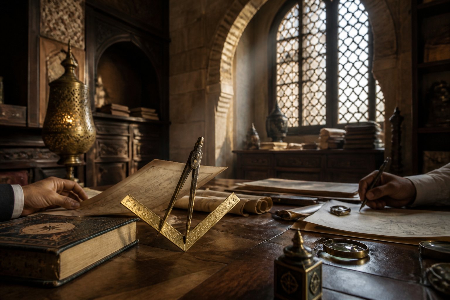 Researchers examine historical documents in an ornate Middle Eastern library beside traditional architectural details and Masonic tools.