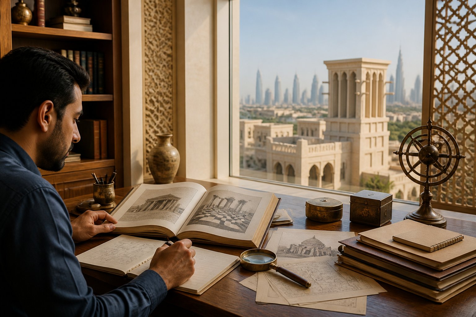 A researcher studies historical materials in a refined library with subtle UAE-inspired architectural details.