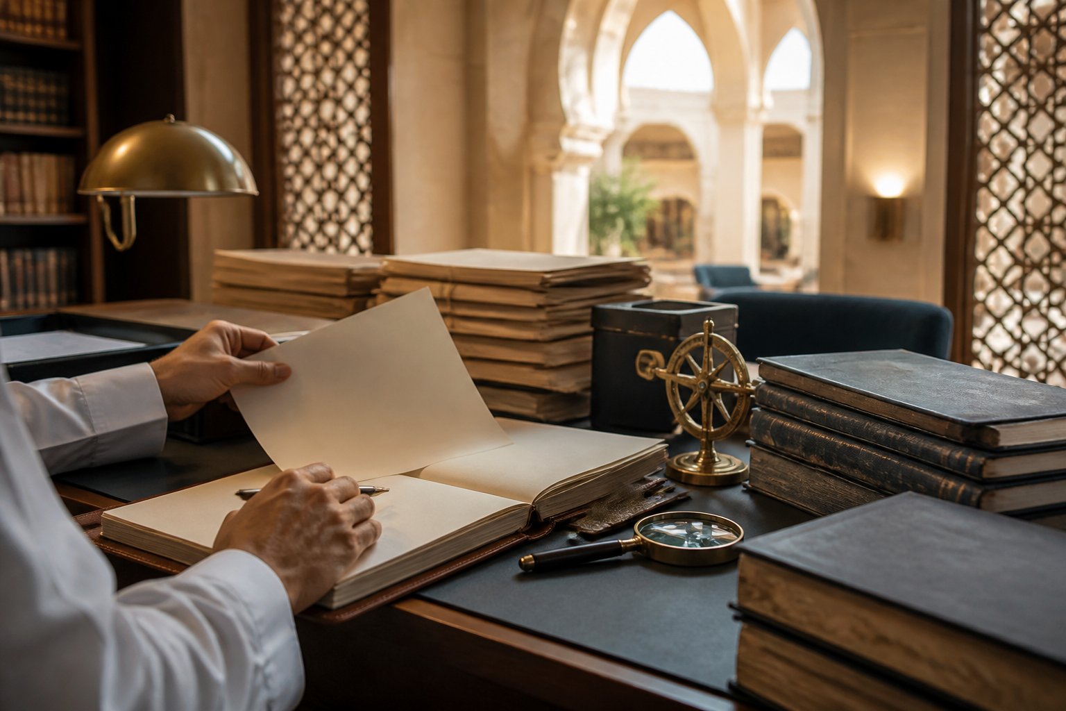 A researcher studies archival materials at a desk in a modern UAE-inspired library.