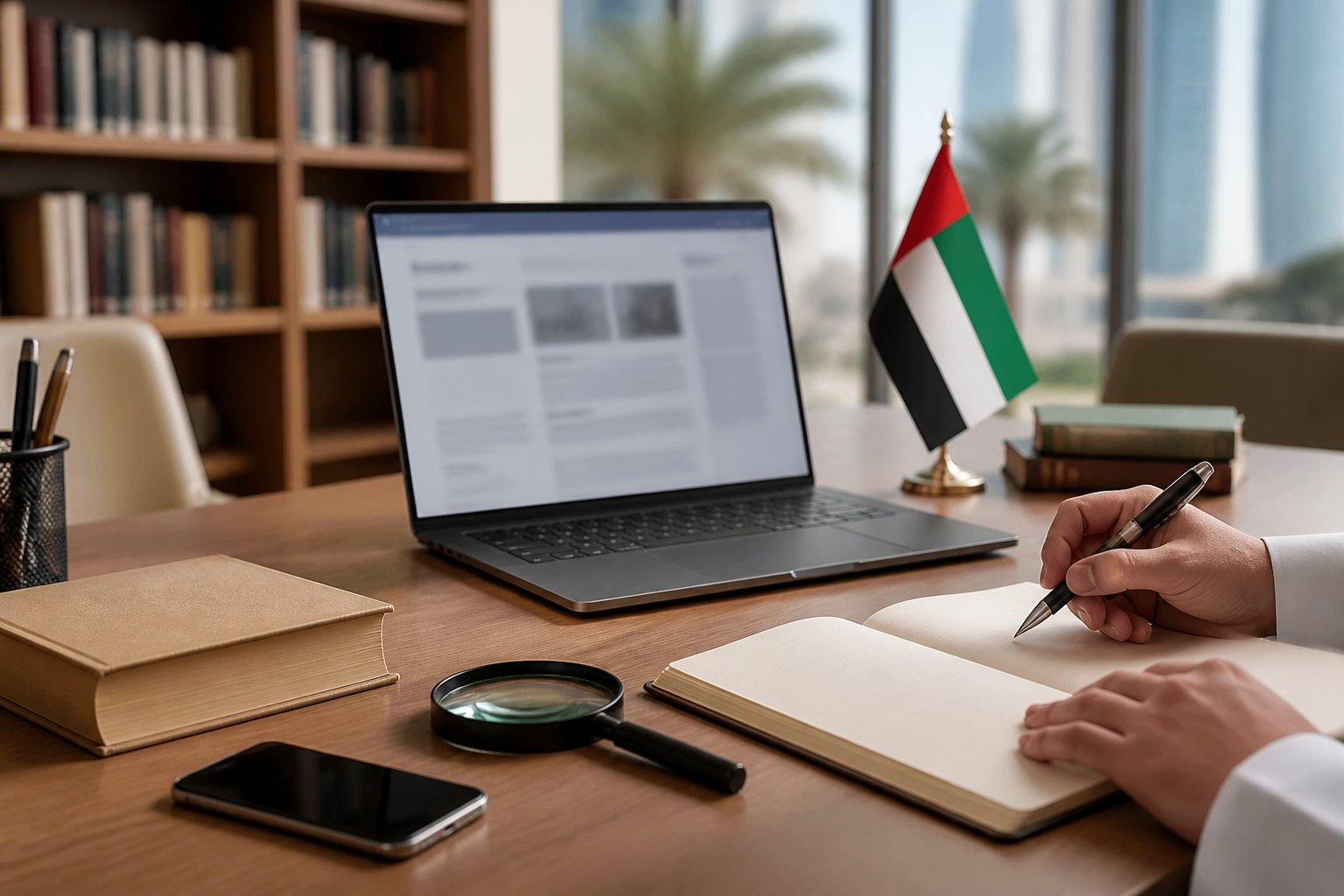 A desk with research materials, a laptop, and a subtle UAE flag accent in a quiet library setting.