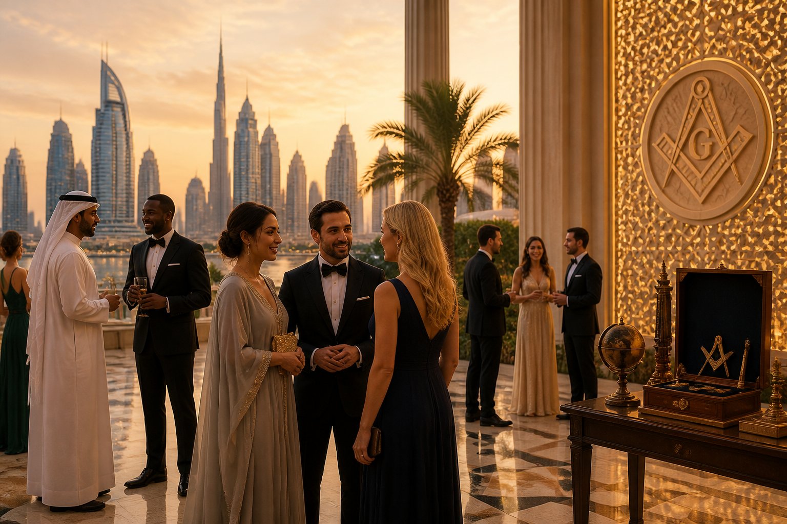 Fictional celebrities attend a formal reception overlooking a modern UAE skyline, with subtle geometric architectural motifs in the background.