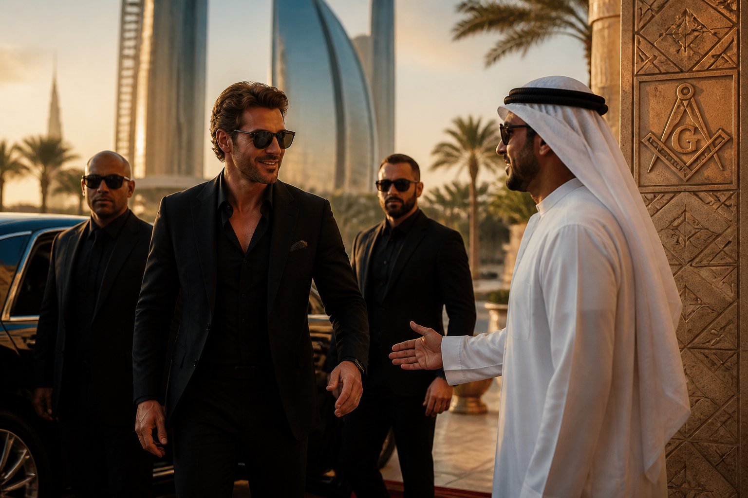 A celebrity figure arrives at a luxurious UAE venue while an Emirati host and security personnel stand nearby, with subtle geometric symbolism in the setting.