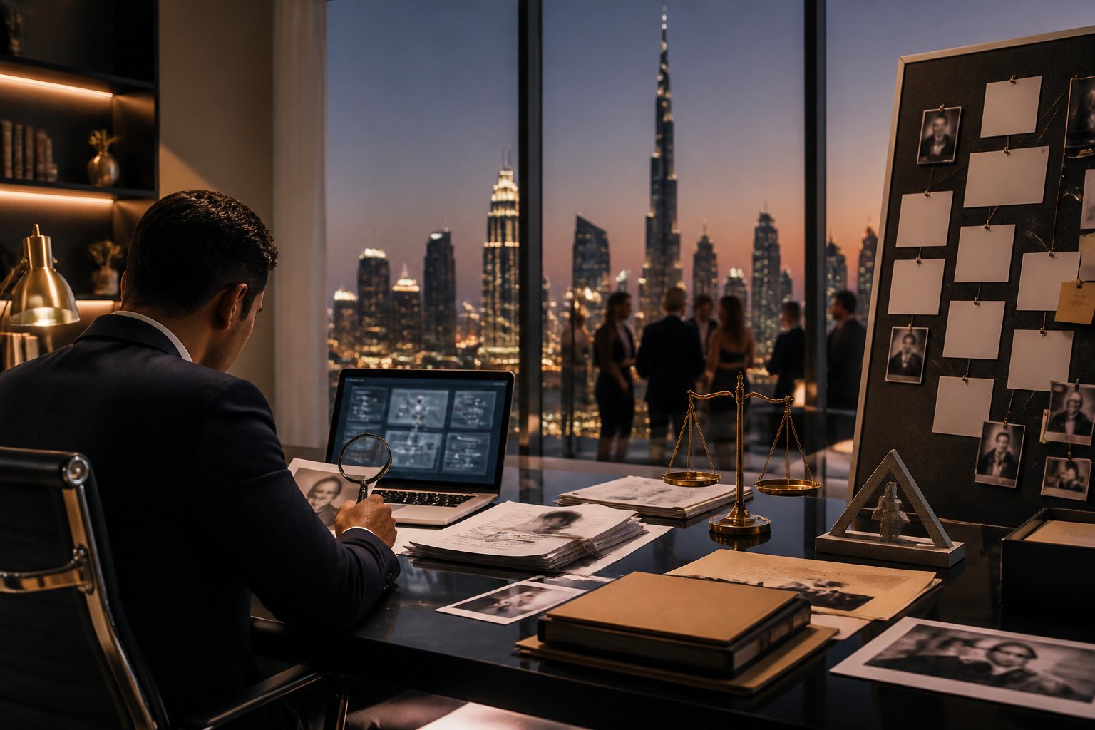A researcher reviews evidence at a desk with the Dubai skyline visible through a window.
