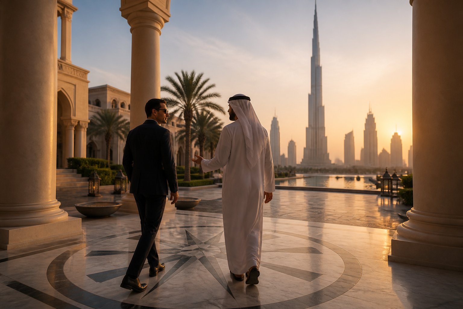 An anonymous celebrity figure and a guide walk through an upscale Dubai setting with the skyline in the background.